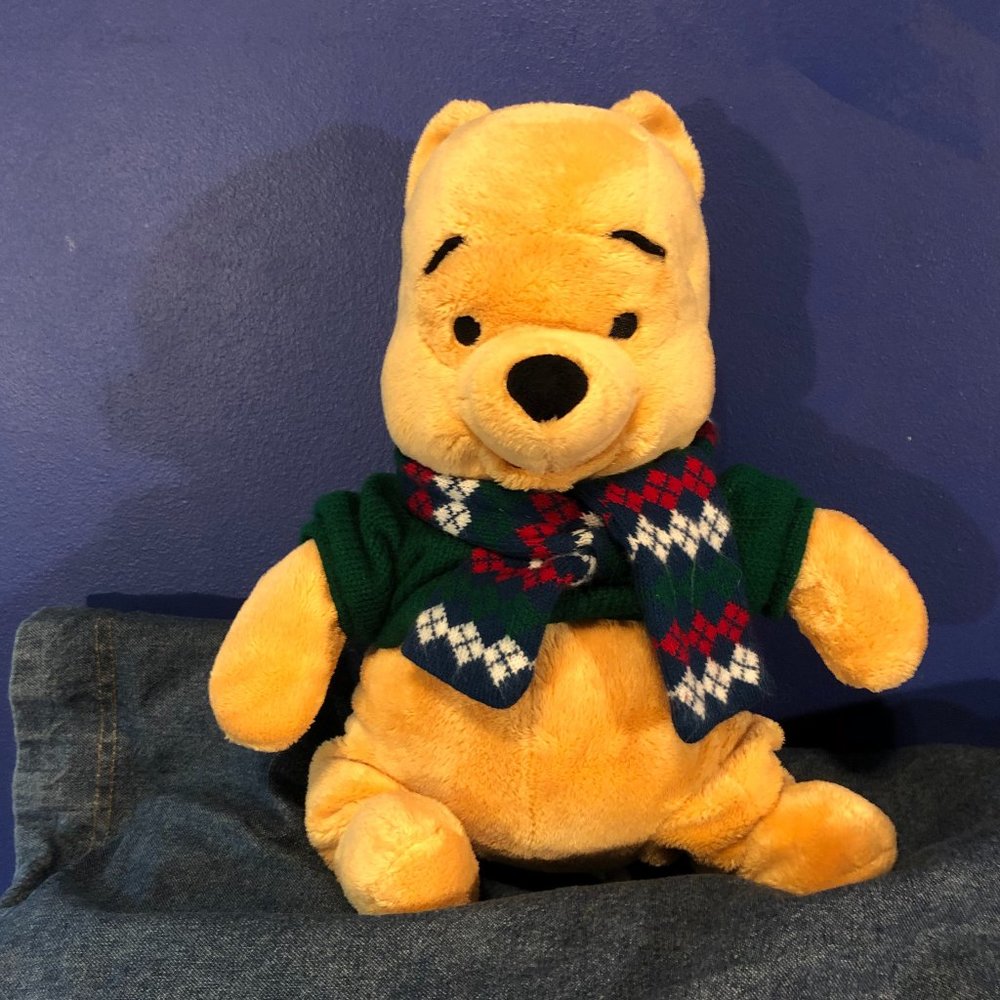 Disney Store Winnie the Pooh plush Bear 12" Toy Stuffed Animal Argyle Sweater
